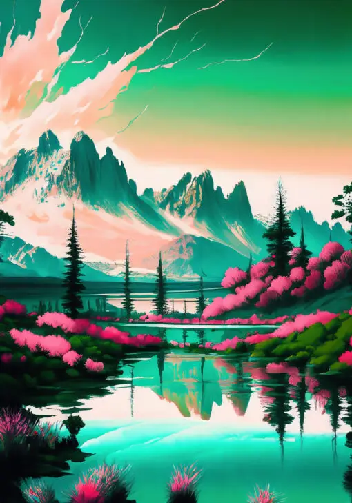 Surreal mountain landscape with teal peaks, a calm reflection-filled lake, and bright pink flowering bushes along the shore under a green–pink sky.
