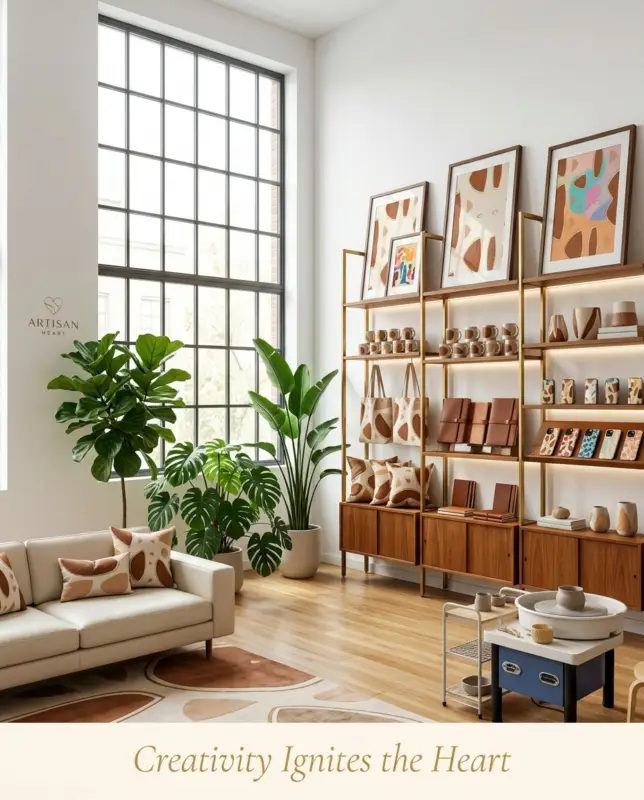 Bright showroom of a home decor shop with wooden shelves displaying pottery, bags, framed art, beige sofa, and large indoor plants near a grid window.