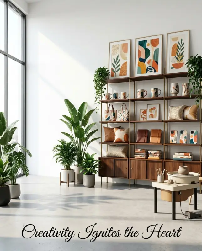 Bright showroom interior with tall windows, wooden shelves, many plants, and framed abstract art, featuring the slogan 'Creativity Ignites the Heart' at bottom.