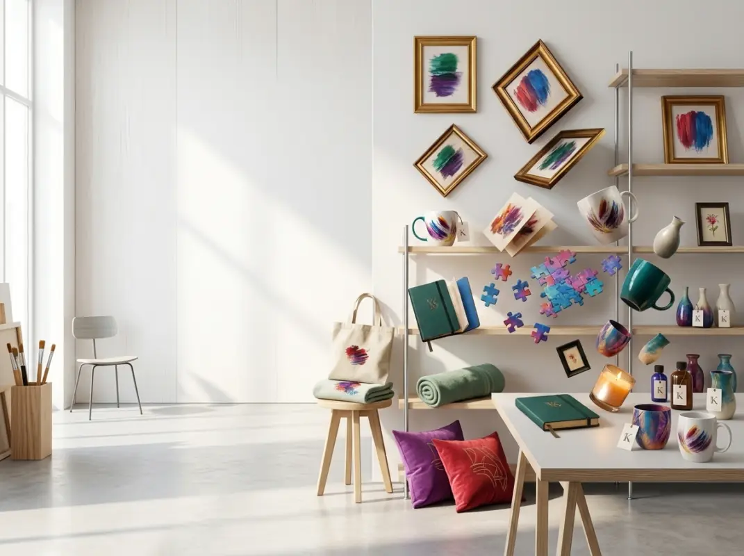 Bright art studio with white walls, a tall shelf of colorful mugs and vases, and framed abstract paintings on the wall.