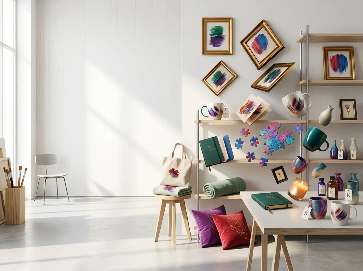 Bright art studio with white walls, a tall shelf of colorful mugs and vases, and framed abstract paintings on the wall.