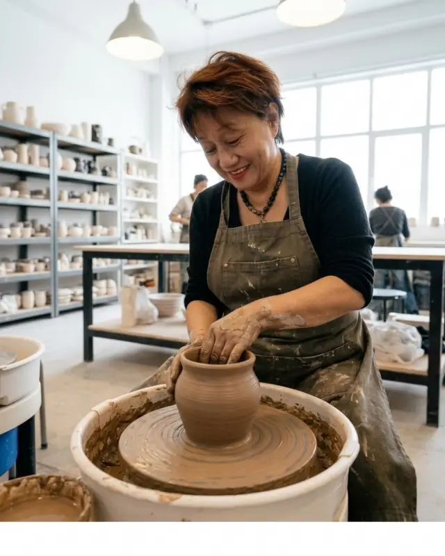 Woman wearing an apron shapes a clay pot on a pottery wheel in a bright studio.