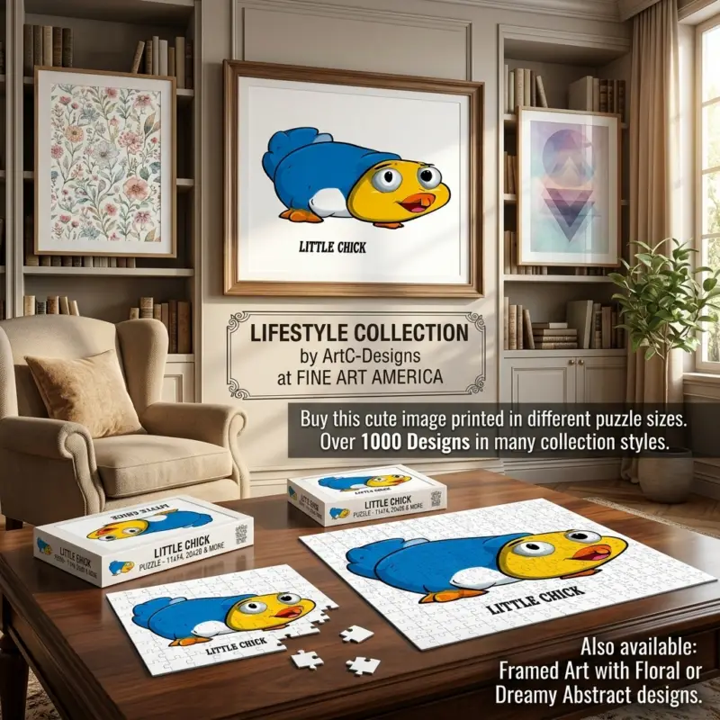 Living room display of a 'Little Chick' puzzle collection with framed art, puzzle boxes on a wooden table, and a cozy beige chair nearby.