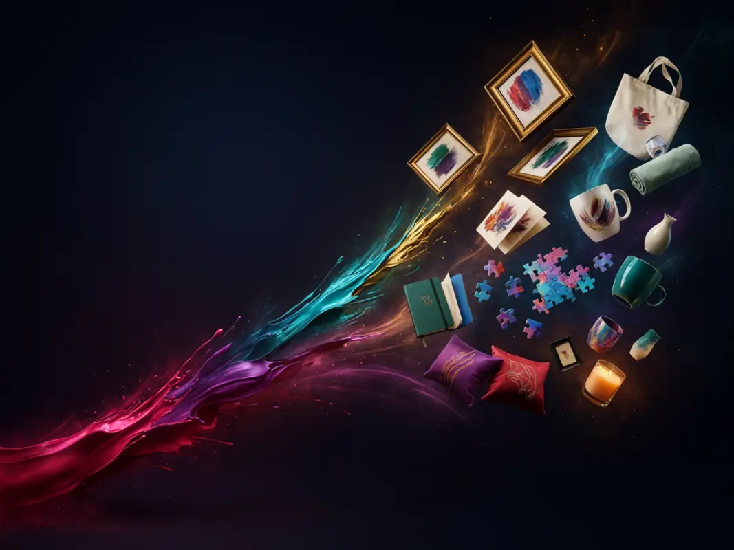 Colorful arts-and-crafts items—frames, bag, mugs, pillows, books, puzzle pieces and candles—flying across a dark gradient background.