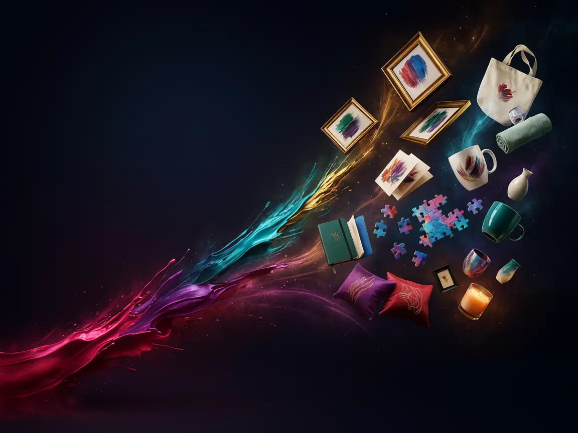 Colorful arts-and-crafts items—frames, bag, mugs, pillows, books, puzzle pieces and candles—flying across a dark gradient background.