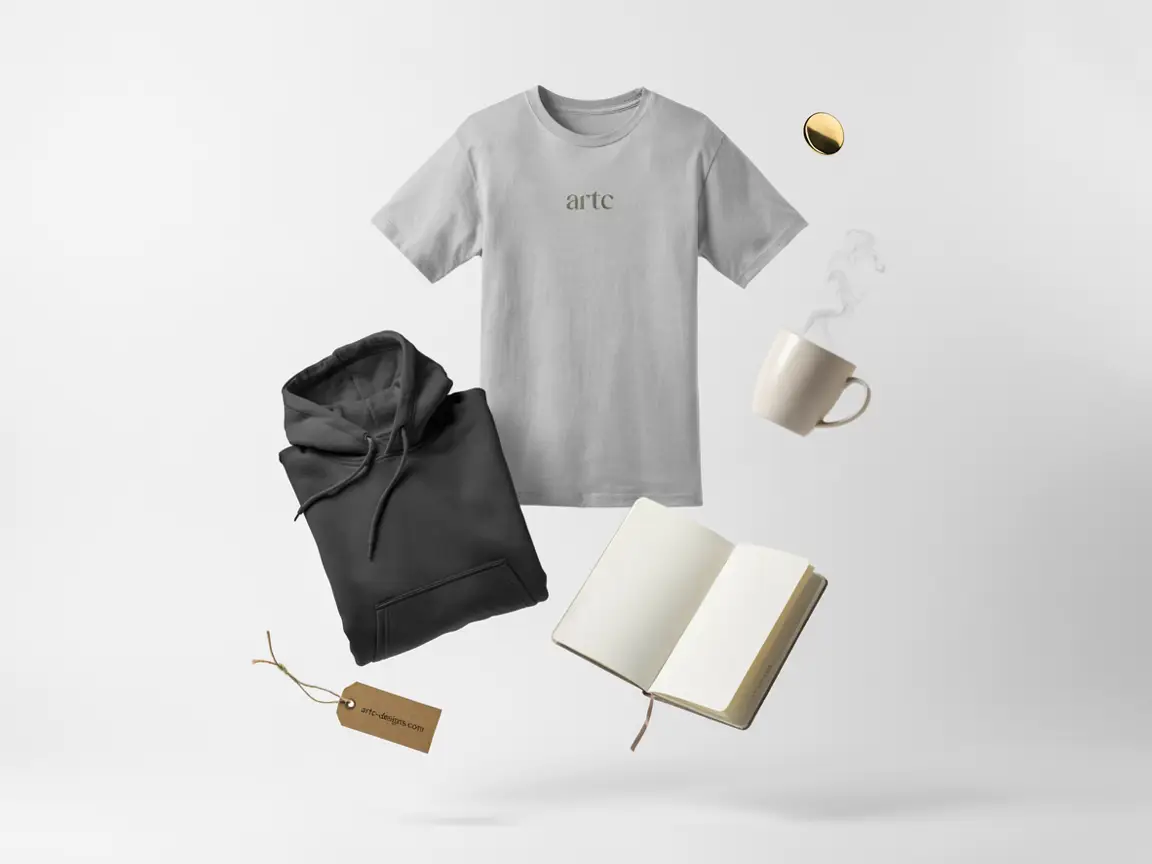 Floating flat lay of a gray T-shirt with 'artc' logo, a black hoodie, an open notebook, a steaming mug, a small tag, and a gold button.