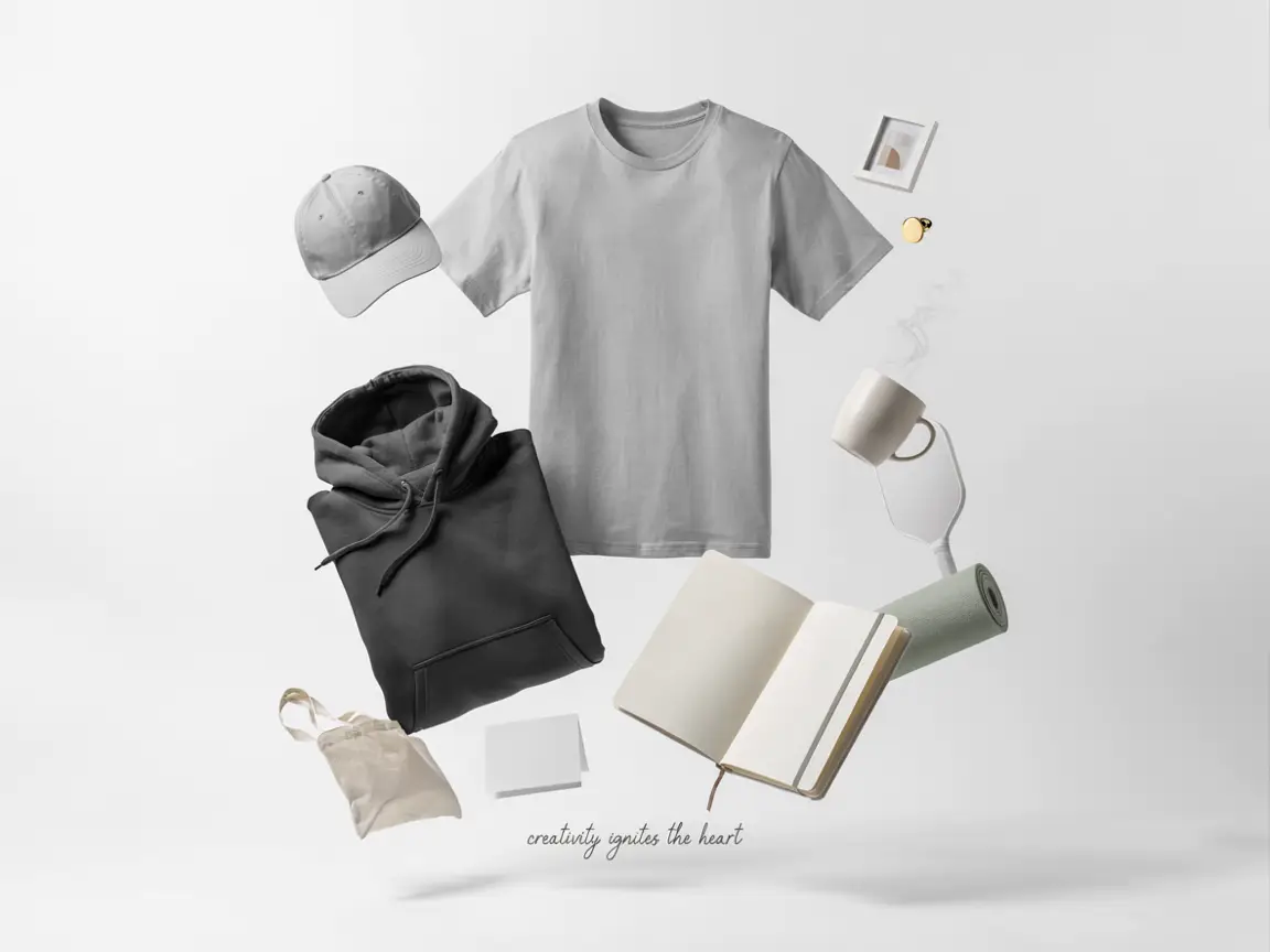 Flat lay of neutral-toned essentials around a gray T‑shirt: hoodie, cap, mug, notebook, rolled mat, small bag, and framed photo with the caption “creativity ignites the heart.”
