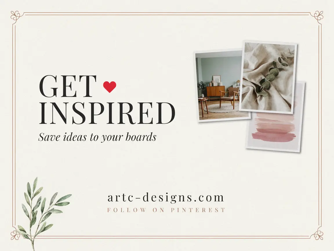 Promotional graphic: 'Get Inspired' with heart, subtitle 'Save ideas to your boards', collage of photos on the right, and 'artc-designs.com' with 'FOLLOW ON PINTEREST' at bottom.