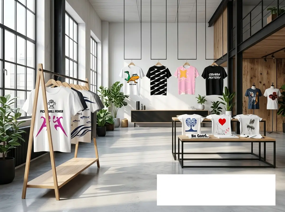Industrial boutique interior with hanging graphic tees, sunlit windows, and potted plants on a concrete floor.
