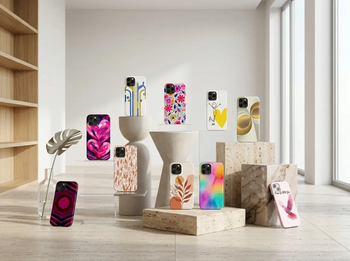 Display of multiple smartphone cases arranged on pedestals and clear stands in a bright showroom, showcasing colorful designs and patterns.