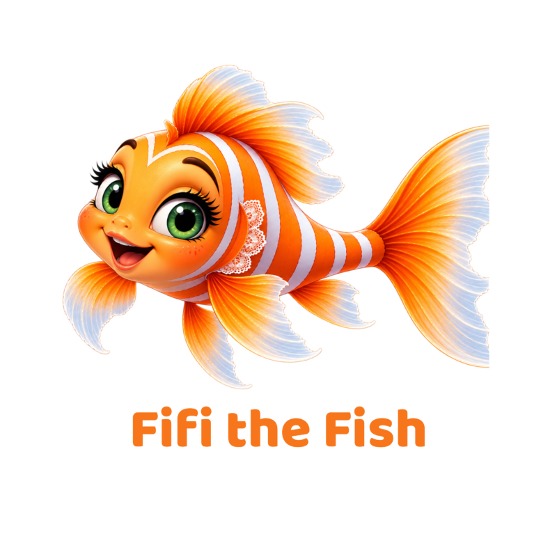 Cheerful orange clownfish with white stripes and big green eyes, smiling as it swims; title 'Fifi the Fish' shown below.