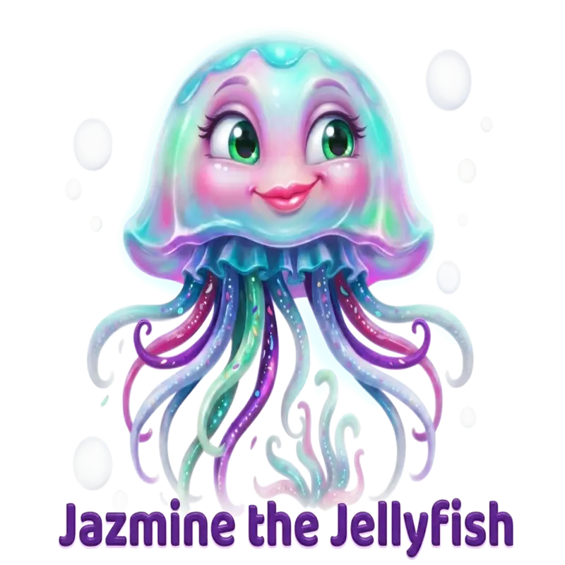 Colorful smiling jellyfish with long, rainbow tentacles and white bubbles around, text reading 'Jazzmine the Jellyfish' at the bottom.