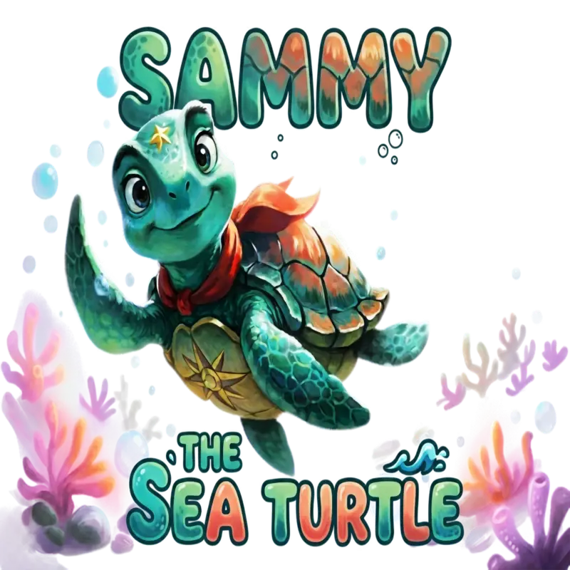 Colorful cartoon sea turtle wearing a red scarf, swimming among pink corals with bubbles; 'Sammy the Sea Turtle' text.
