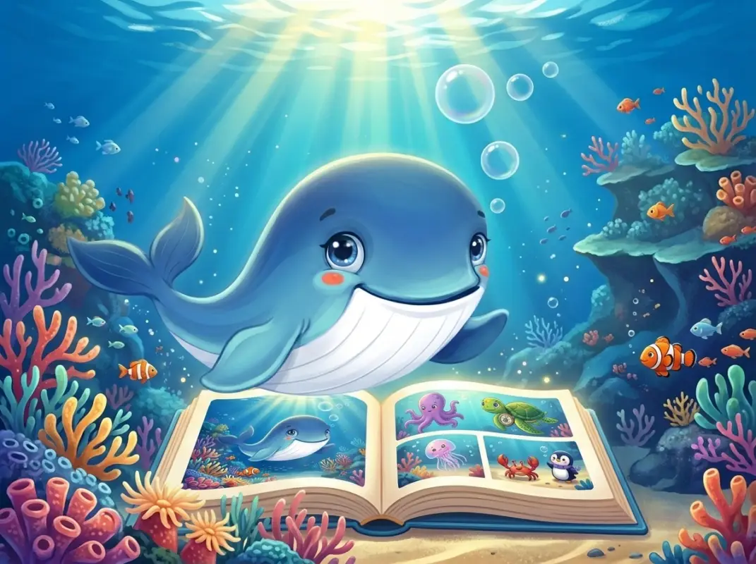 Smiling blue whale swimming above an open illustrated book with underwater scenes.