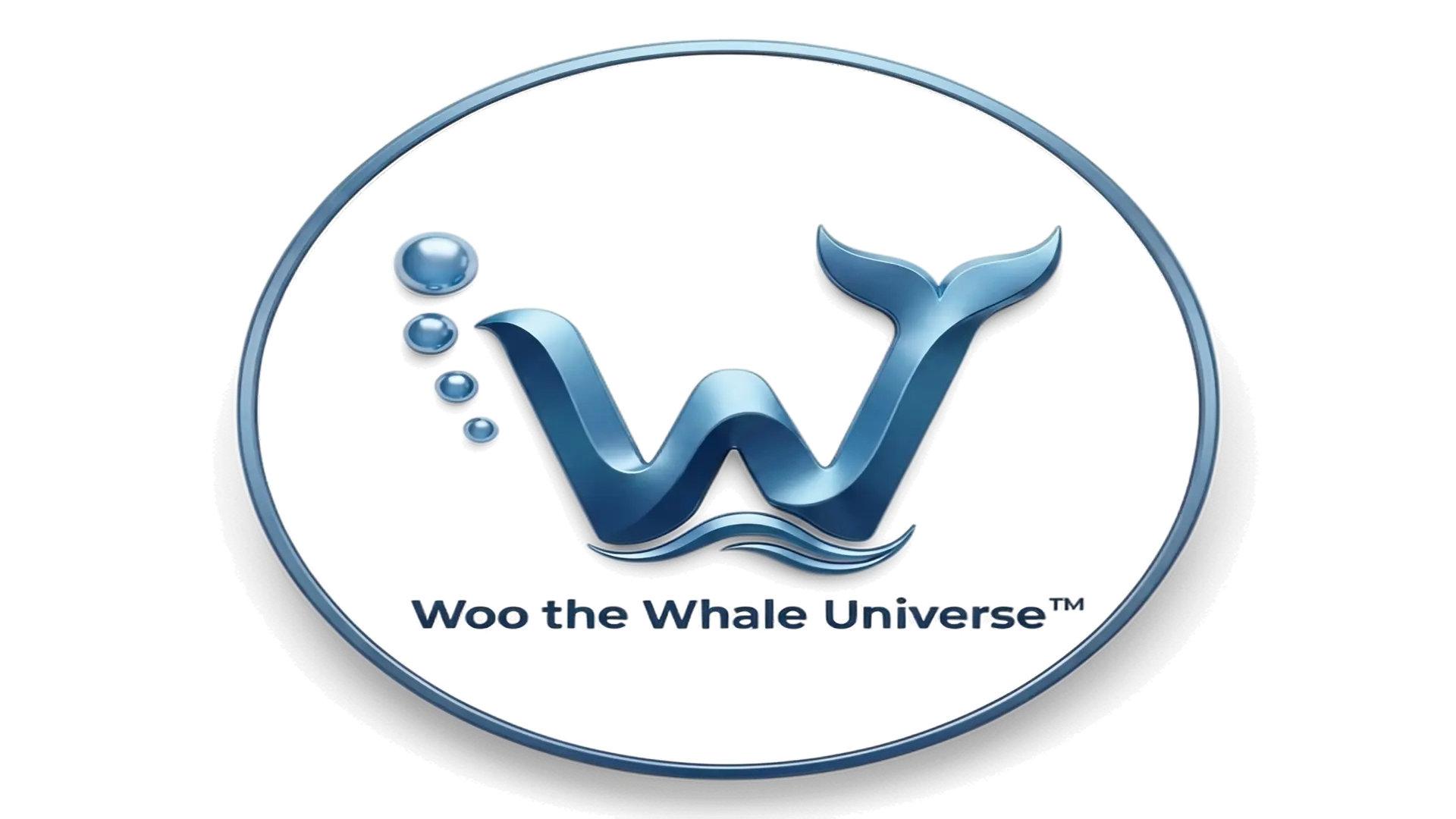 Circular logo badge with a metallic blue 'W' shaped like a whale tail, bubbles, and the text 'Woo the Whale Universe'.
