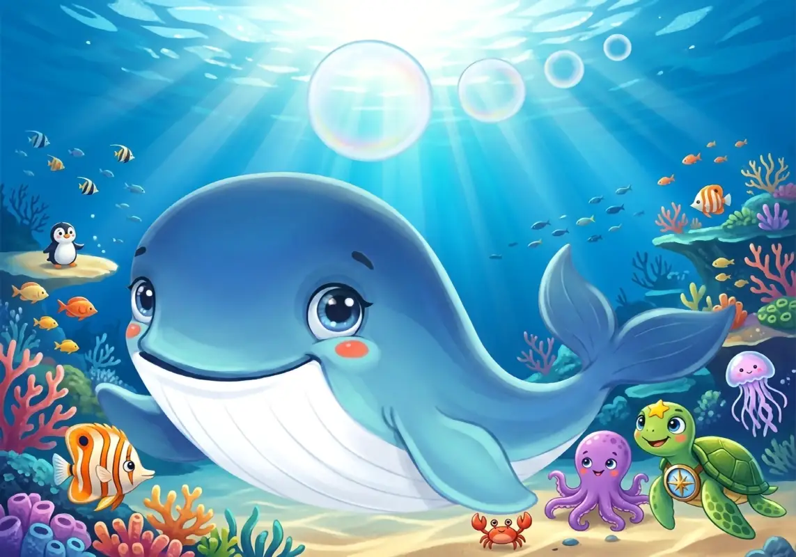 Playful underwater scene with a smiling blue whale, bubbles, colorful fish and coral reefs.