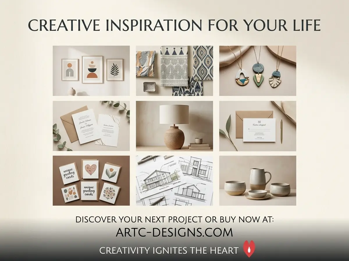 Nine-beige collage of design-inspired items: framed art, textiles, jewelry, stationery, a lamp, cards, sketches, and ceramics on neutral backgrounds now arranged as a grid side-by-side.